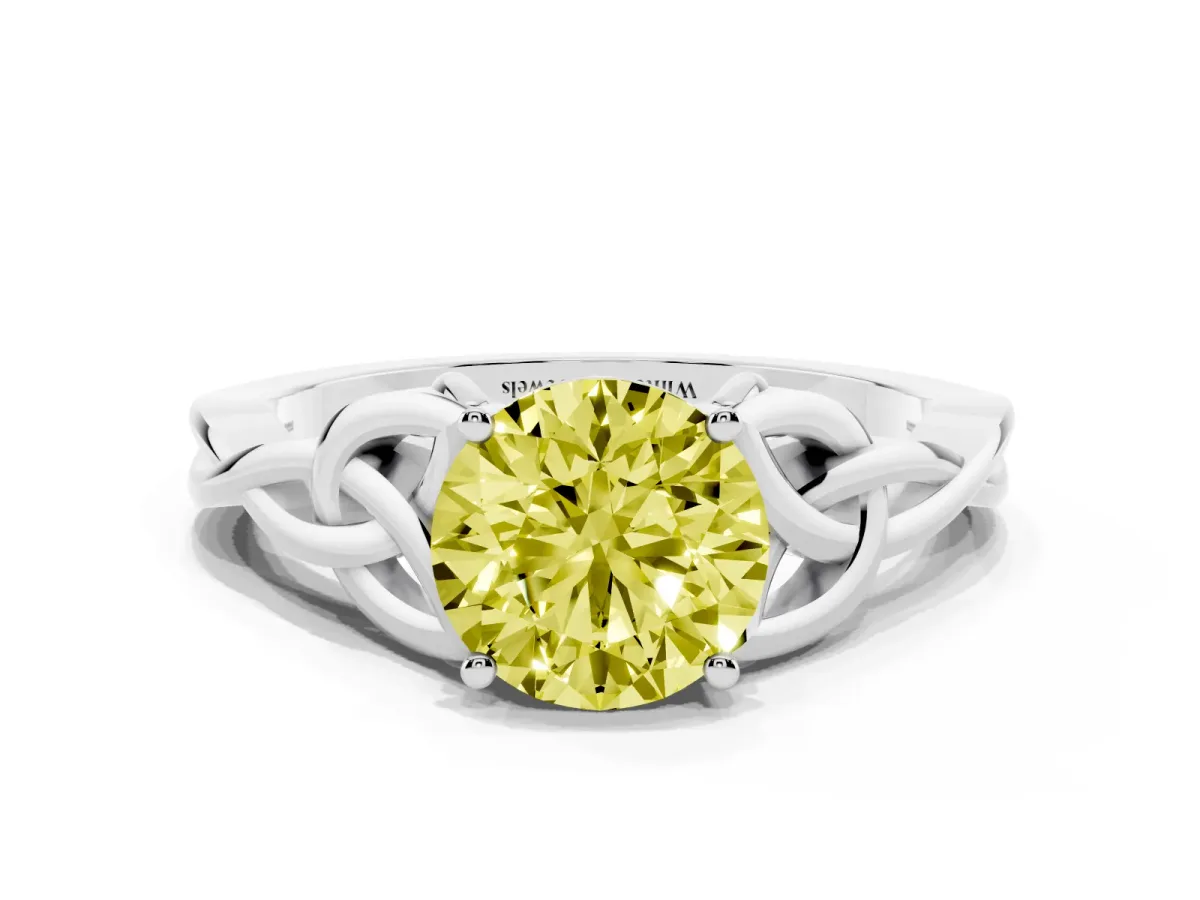 Fancy Yellow Round Cut Diamond Solitaire Engagement Ring with Celtic Knot Band and Four-Prong Setting White gold