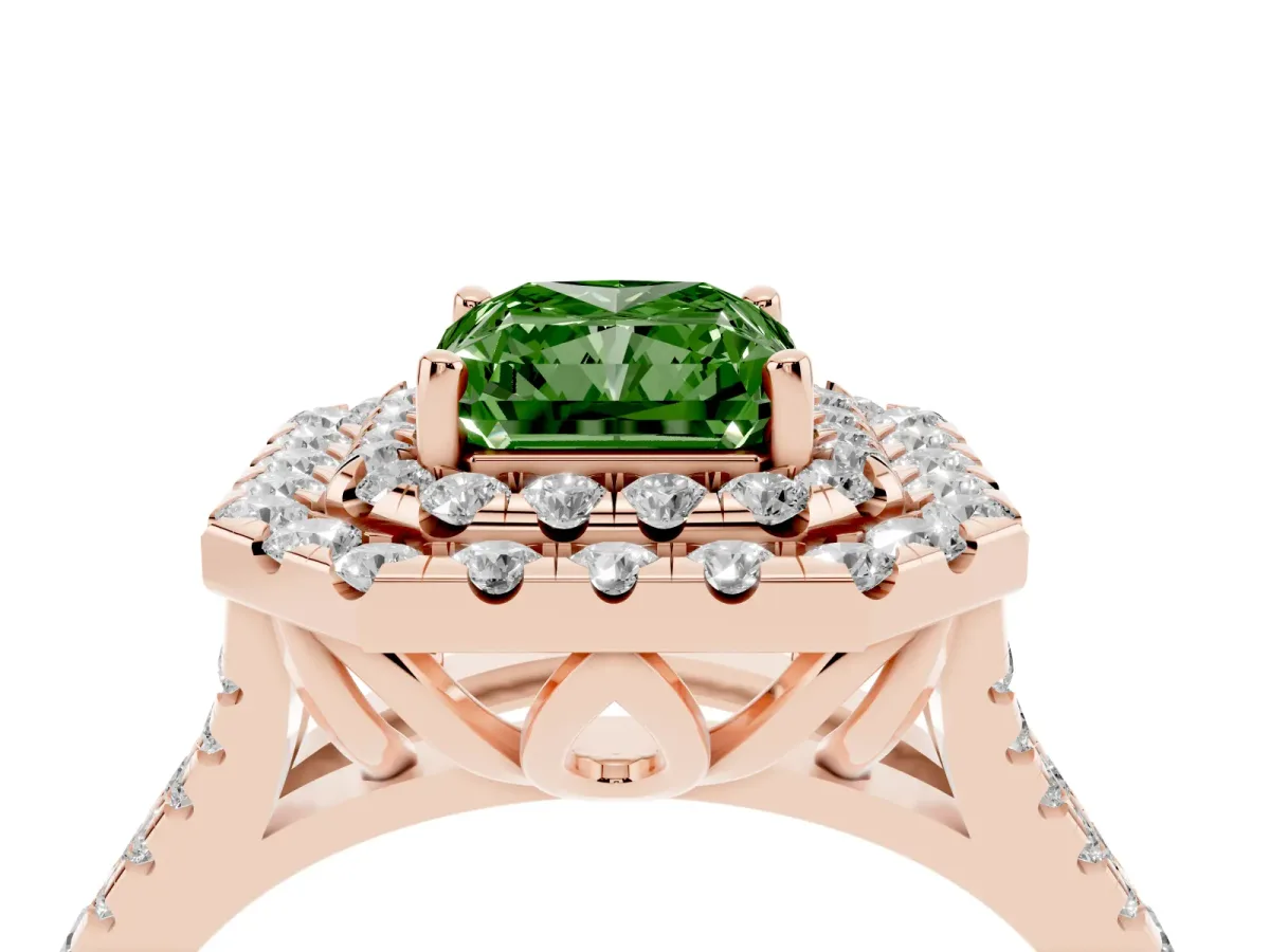 Fancy Green Double Halo Radiant Cut Diamond Pavé Split Shank Ring with Prong Setting Rose gold