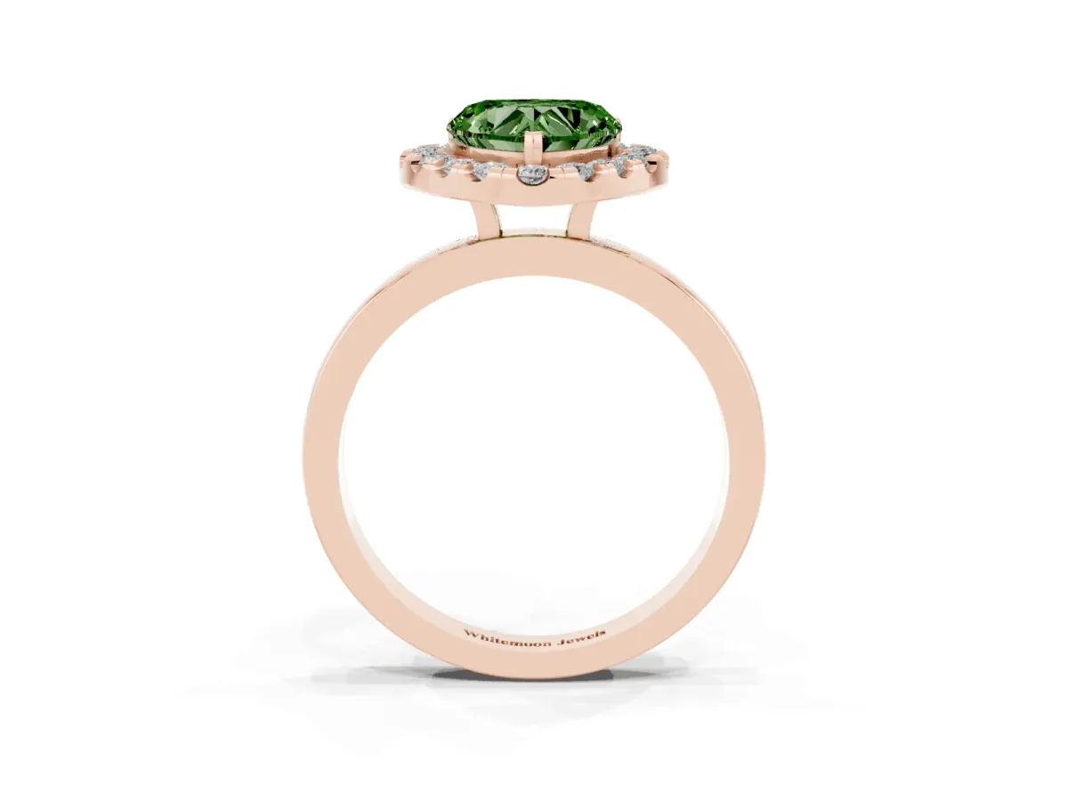 Fancy Green Heart Cut Halo Diamond Solitaire with Pavé Band and Four-Prong Setting Rose gold