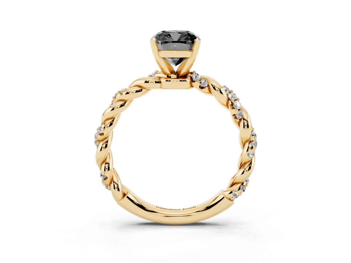 Fancy Black Cushion Cut Diamond Solitaire Ring with Twisted Band and Pavé Accents Yellow gold