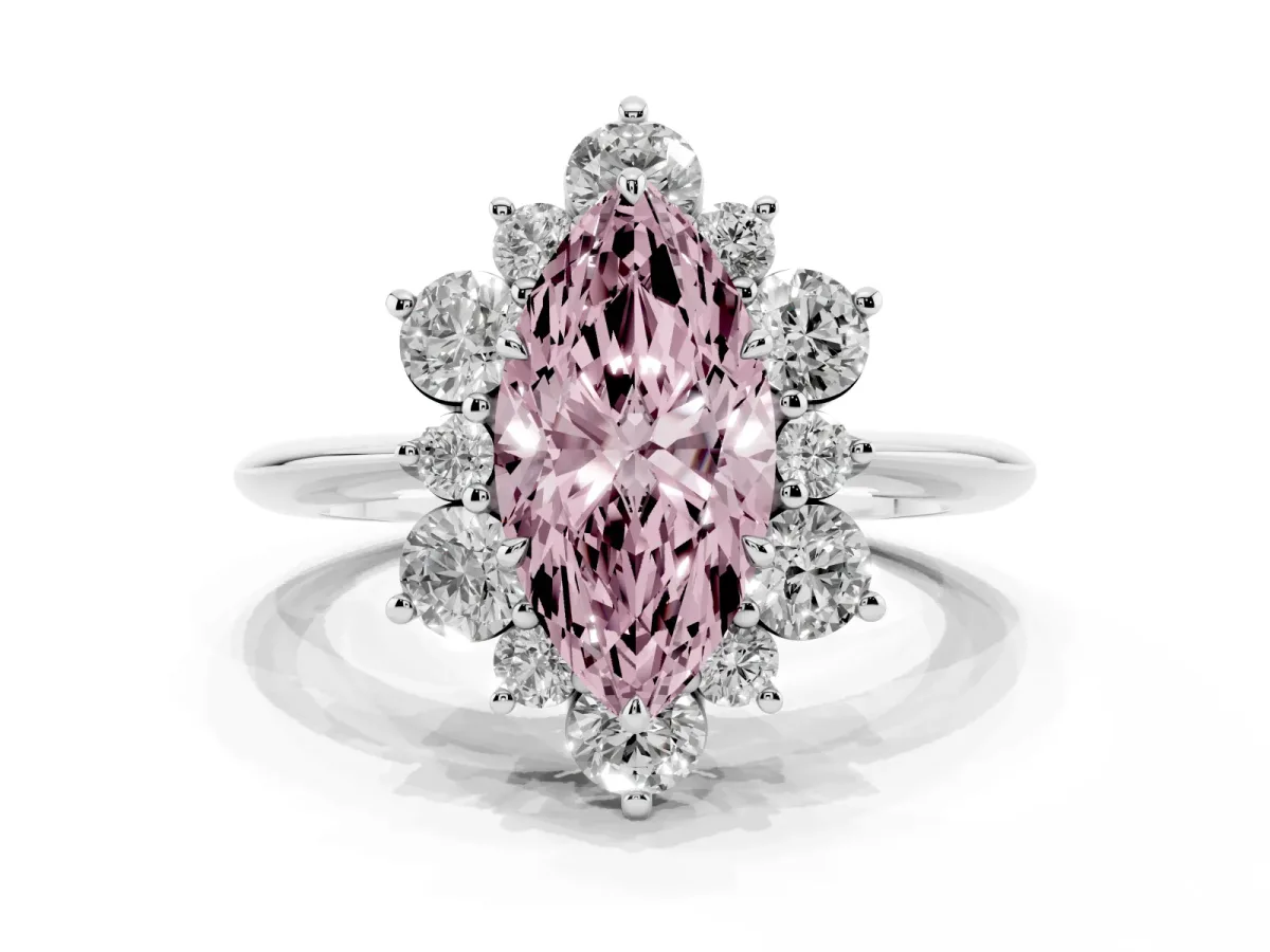 Fancy Pink Marquise Cut Diamond Cluster Halo Ring with Solitaire Band and Four-Prong Setting Silver