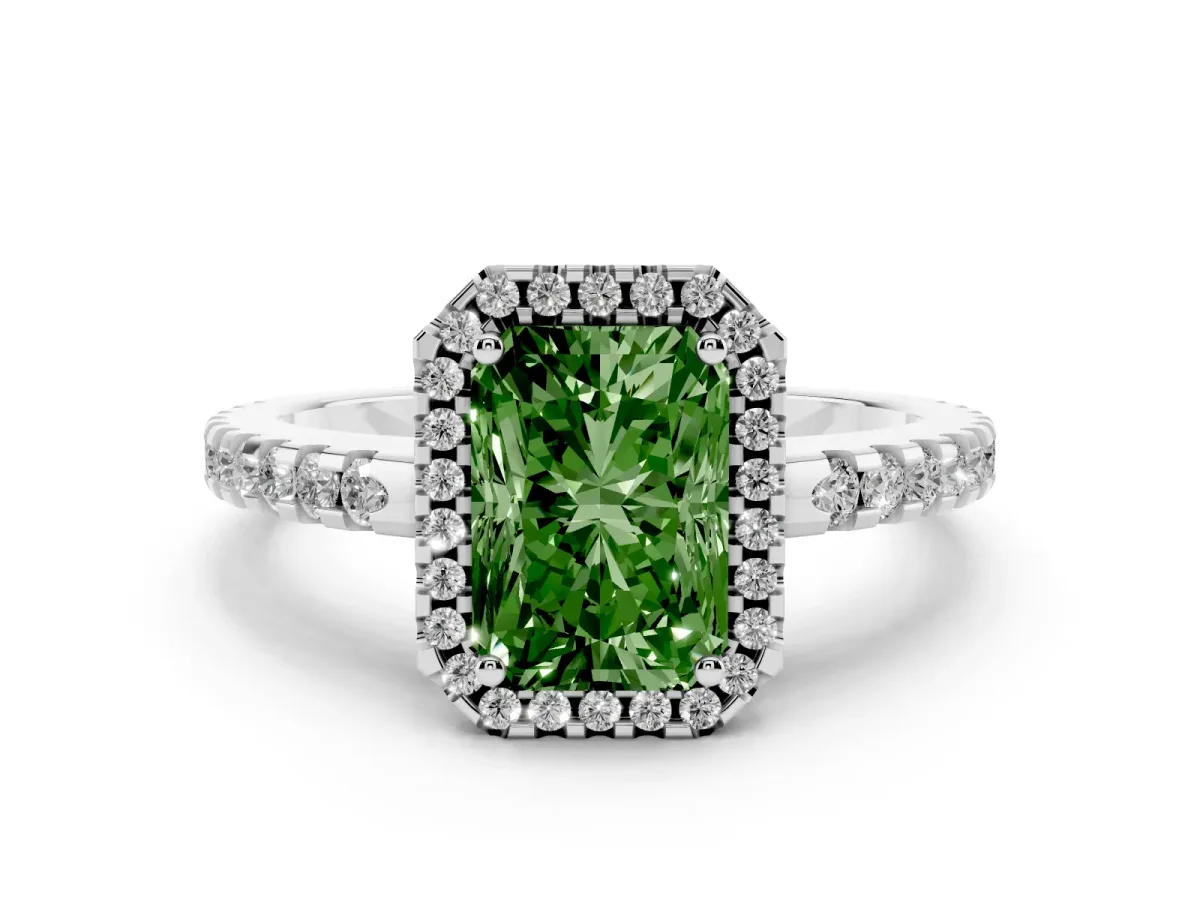 Fancy Green Radiant Cut Diamond Halo Engagement Ring with Pavé Band and Prong Setting Platinum