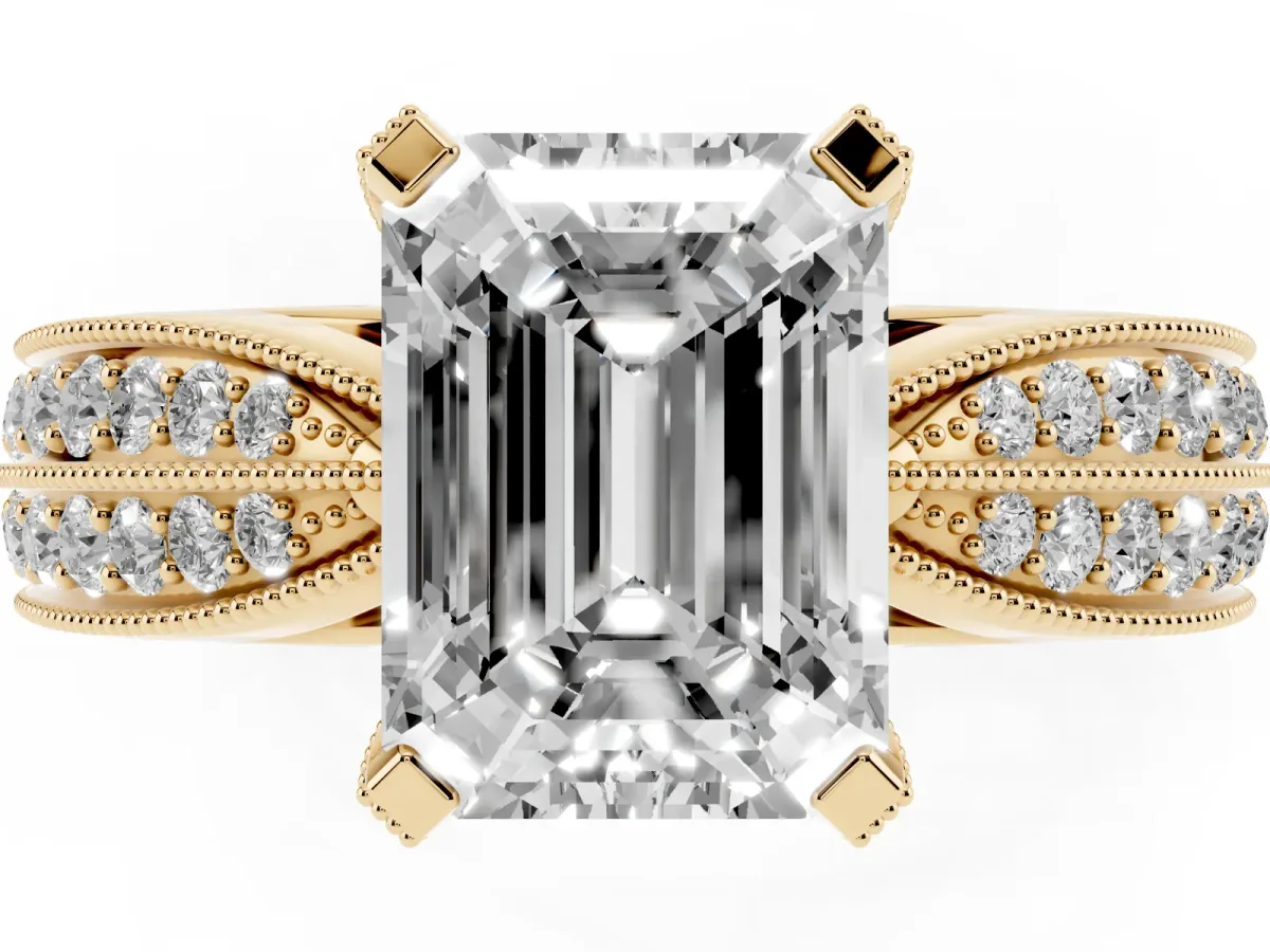 Emerald Cut Diamond Solitaire Ring with Milgrain Round Pavé Band and Prong Setting Yellow gold