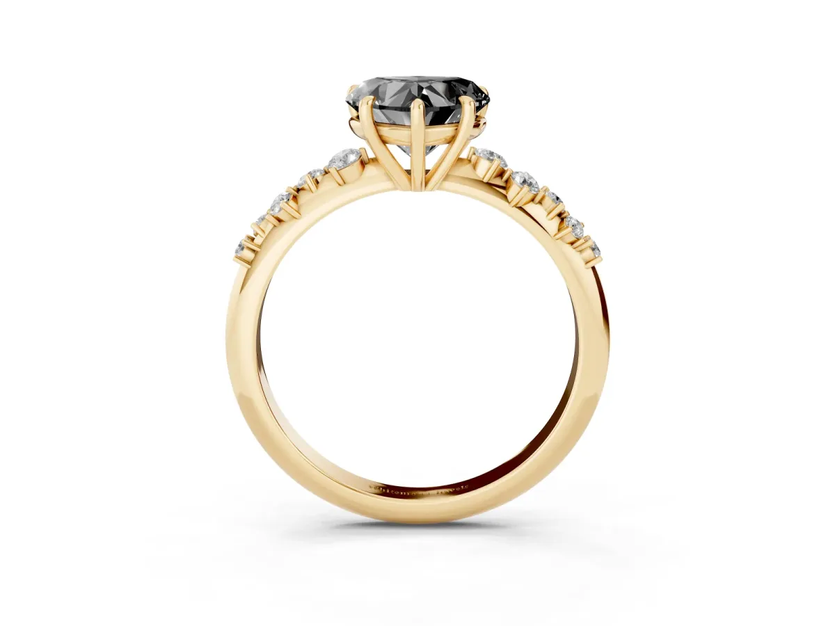 Fancy Black Heart Cut Diamond Cluster Side Stone Solitaire Ring with Prong Setting Yellow gold