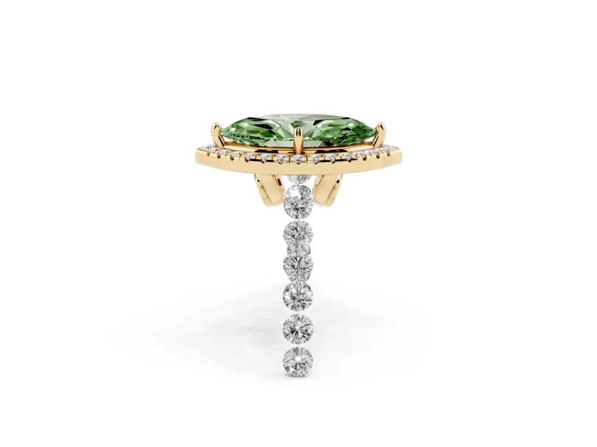 Fancy Green Marquise Cut Halo Pavé Diamond Engagement Ring with Four-Prong Setting Yellow gold