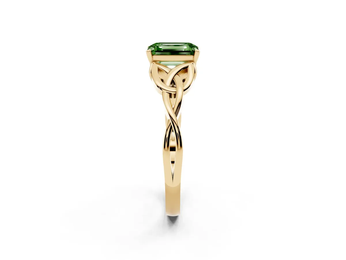 Fancy Green Emerald Cut Diamond Solitaire Engagement Ring with Celtic Knot Band and Four-Prong Setting Yellow gold