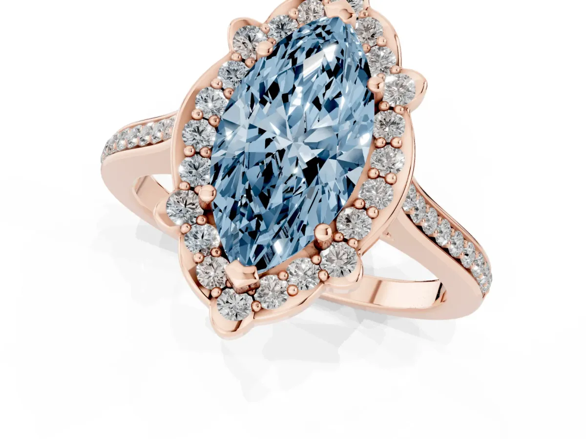 Fancy Blue Marquise Cut Halo Round Diamond Pave Band with Four-Prong Setting Rose gold