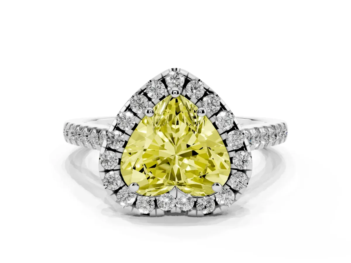 Fancy Yellow Heart Cut Halo Pavé Diamond Engagement Ring with Four-Prong Setting White gold