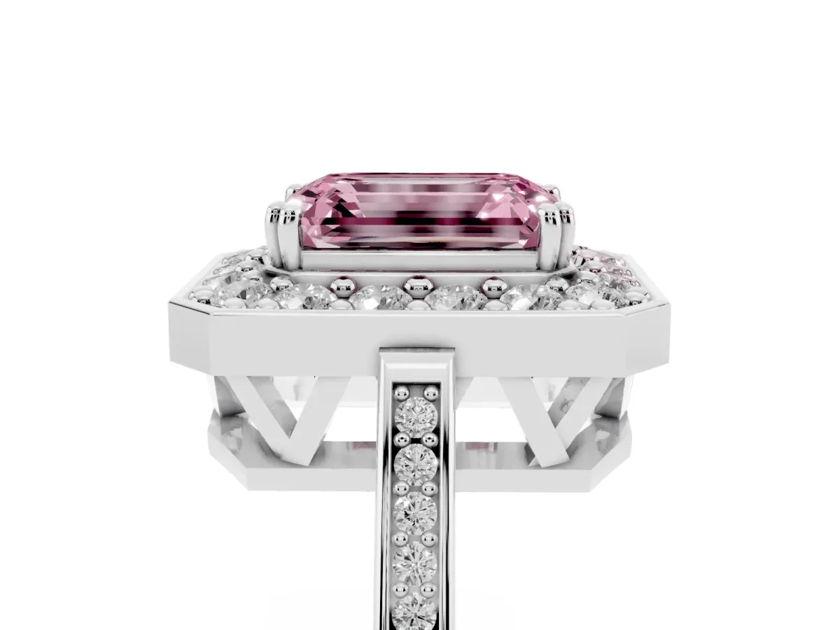 Fancy Pink Emerald Cut Diamond Halo Ring with Split Shank and Four-Prong Setting Silver