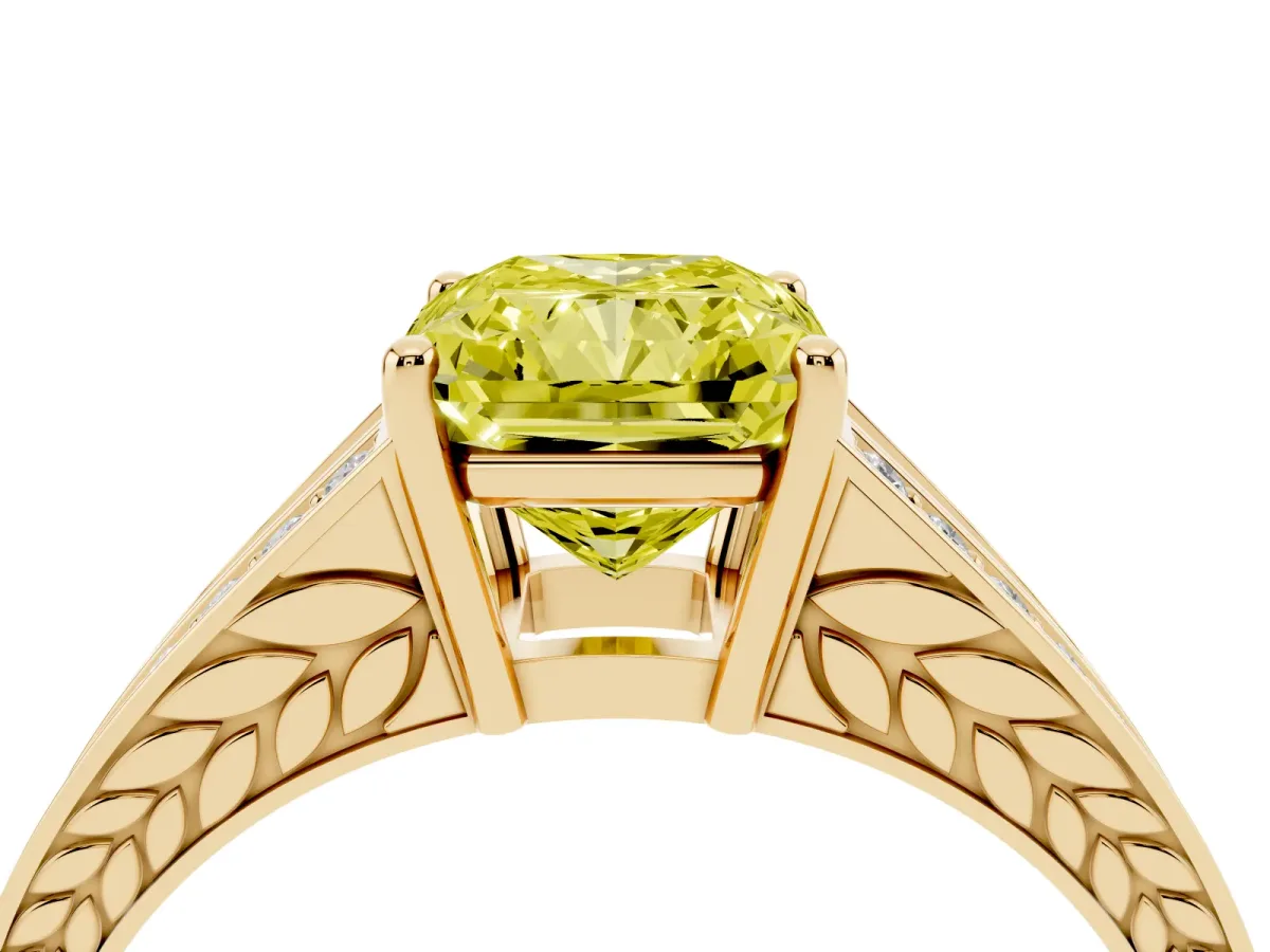 Fancy Yellow Radiant Cut Diamond Split Shank Ring with Pavé Band and Four-Prong Setting Yellow gold