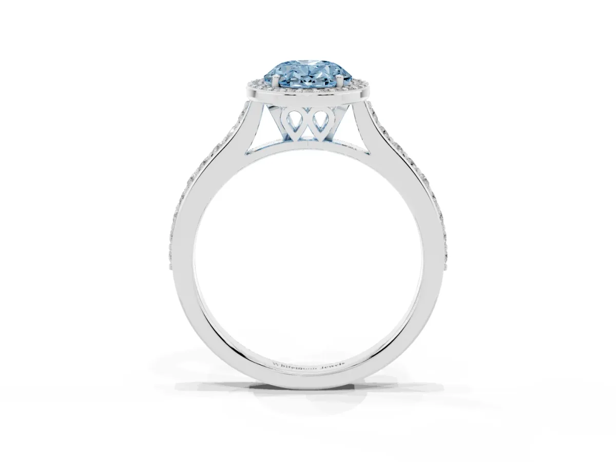 Fancy Blue Oval Cut Diamond Halo Engagement Ring with Round Pavé Shoulders and Prong Setting Platinum