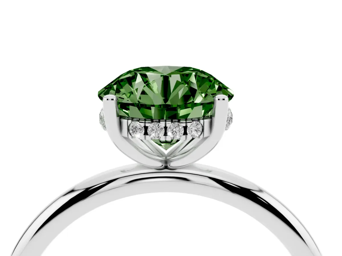 Fancy Green Round Cut Cut Solitaire Engagement Ring with Four-Prong Setting and Classic Band Silver