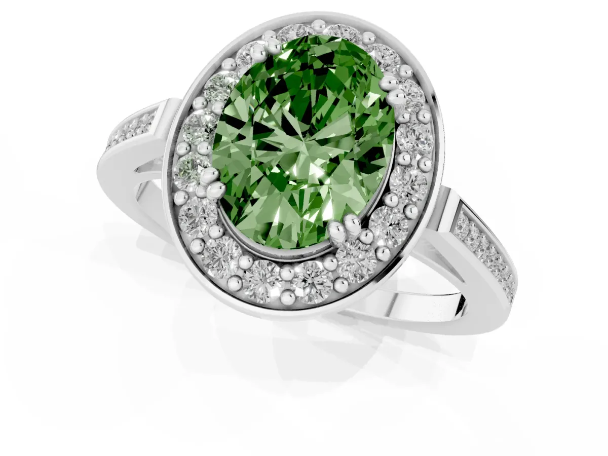 Fancy Green Oval Cut Diamond Halo Ring with Split Shank and Four-Prong Setting Silver