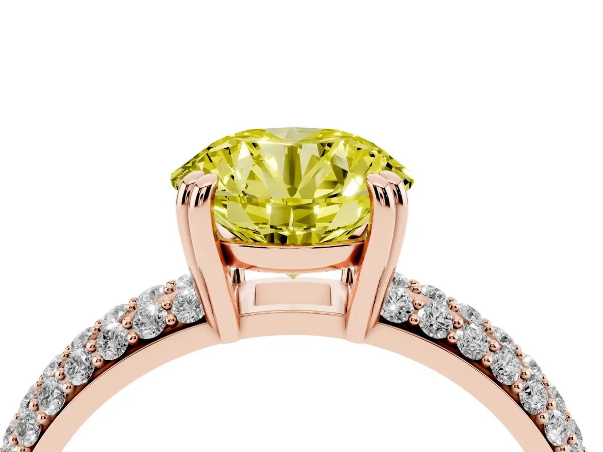 Fancy Yellow Round Cut Diamond Solitaire Ring with Multi-Row Round Pavé Band and Prong Setting Rose gold