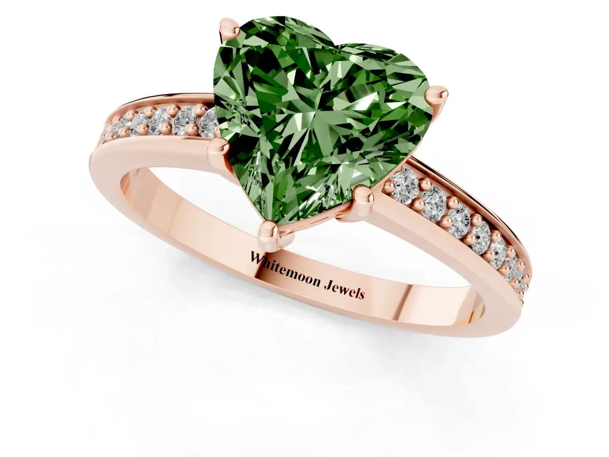Fancy Green Heart Cut Solitaire Pavé Band Prong Setting Ring Rose gold