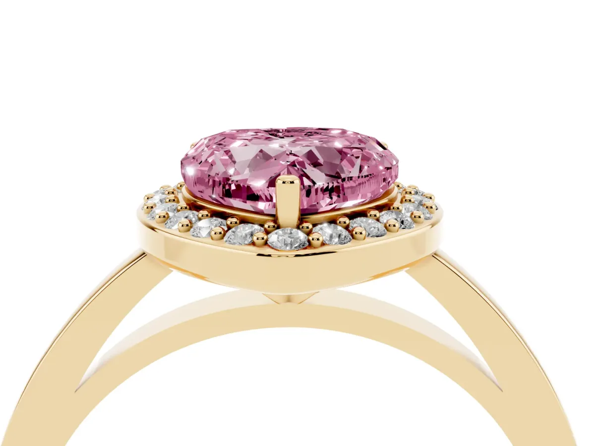 Fancy Pink Heart Cut Halo Diamond Ring with Solitaire Band and Prong Setting Yellow gold