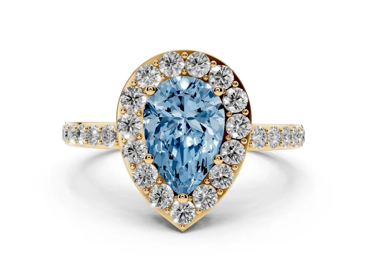 Fancy Blue Pear Cut Halo Diamond Pavé Band Ring with Prong Setting Yellow gold