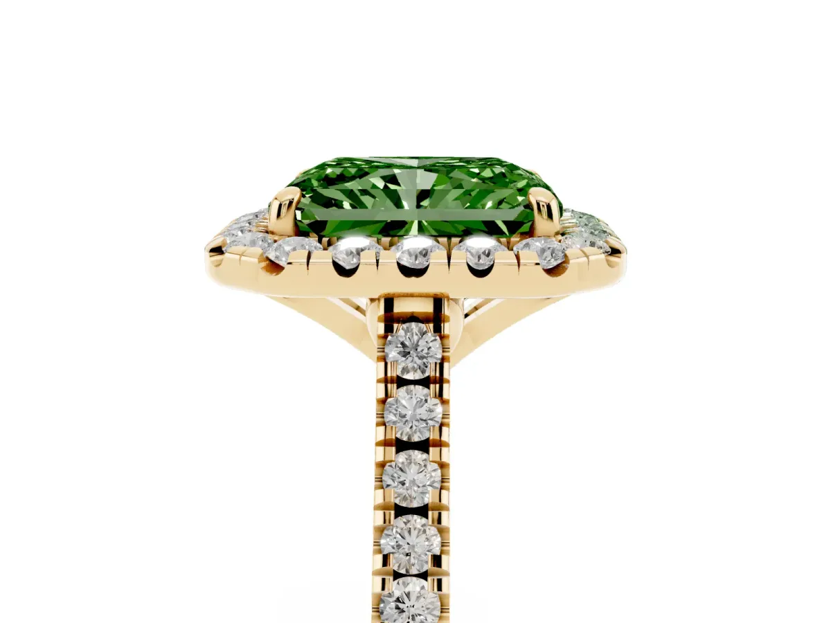Fancy Green Radiant Cut Diamond Cushion Halo Ring with Pavé Band Yellow gold