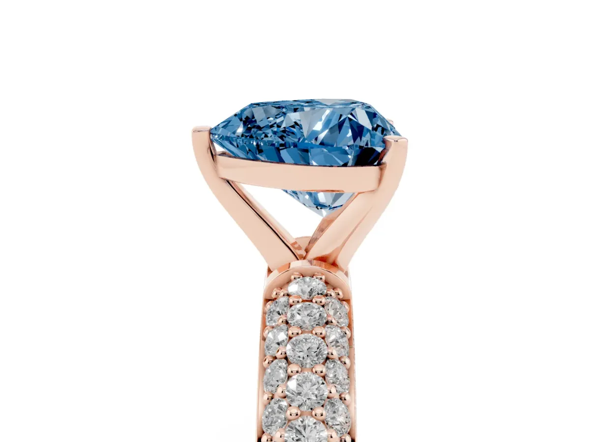 Fancy Blue Heart Cut Diamond Solitaire Ring with Prong Setting and Pavé Band Rose gold