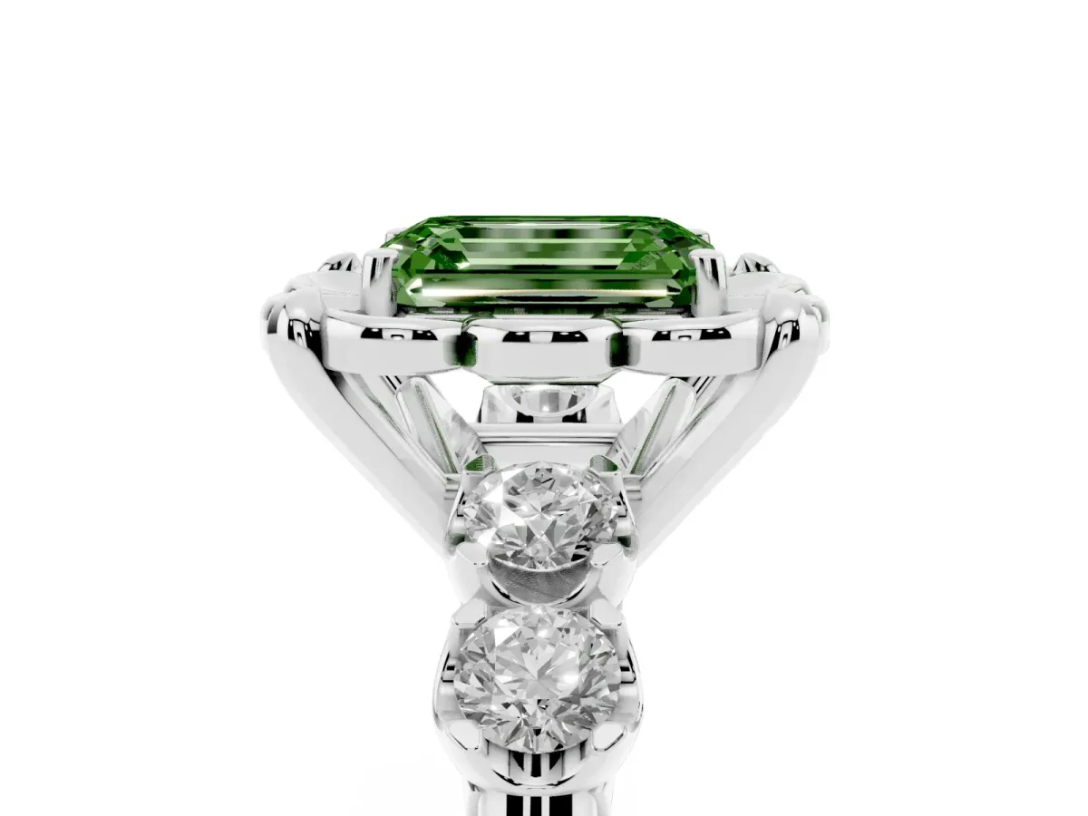 Fancy Green Emerald Cut Cut Diamond Floral Halo Engagement Ring with Shared Prong Setting Silver