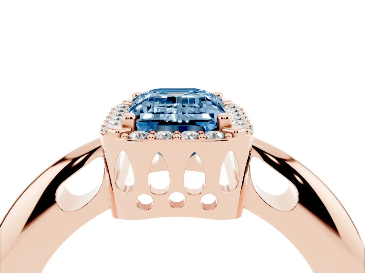 Fancy Blue Emerald Cut Cut Diamond Halo Engagement Ring with Split Shank and Four-Prong Setting Rose gold