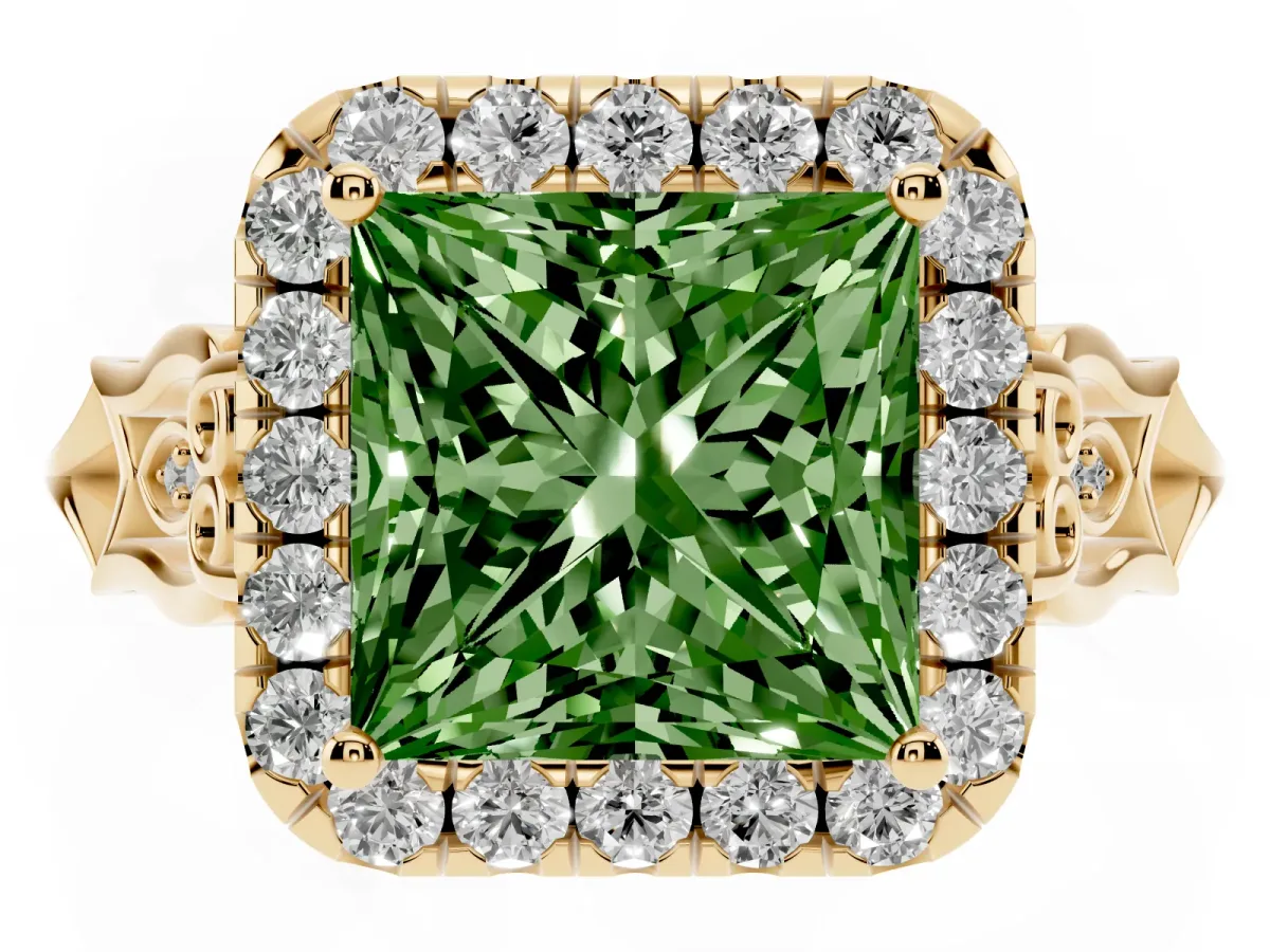 Fancy Green Princess Cut Halo Diamond Engagement Ring with Filigree Band and Four-Prong Setting Yellow gold