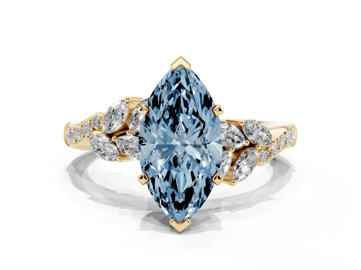 Fancy Blue Marquise Cut Solitaire Marquise Twist Band with Six-Prong Setting Yellow gold