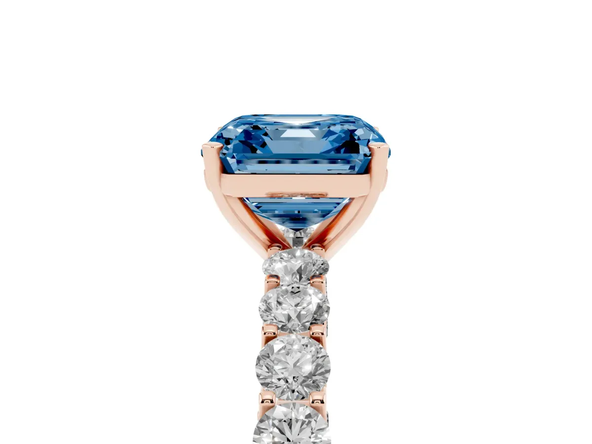 Fancy Blue Asscher Cut Diamond Solitaire Ring with Shared Prong Pavé Band and Four-Prong Setting Rose gold