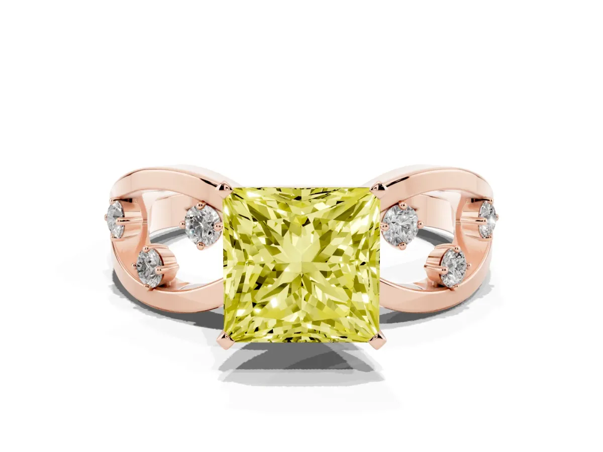 Fancy Yellow Princess Cut Cut Solitaire Diamond with Side Stones on Criss-Cross Band and Four-Prong Setting Rose gold