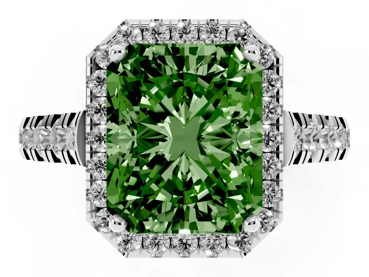 Fancy Green Radiant Cut Halo Pavé Diamond Engagement Ring with Four-Prong Setting Platinum