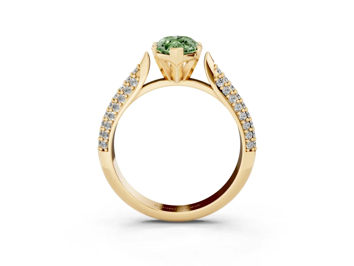 Fancy Green Marquise Cut Diamond Solitaire Engagement Ring with Multi-Row Round Pavé Band and Prong Setting Yellow gold
