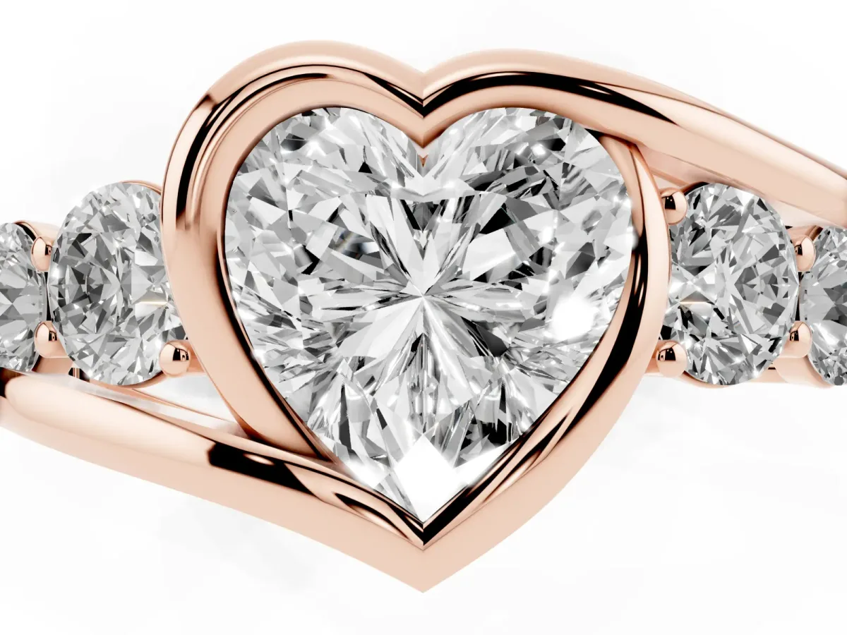 Bezel Set Heart Cut Diamond Bypass Ring with Round Accents Rose gold