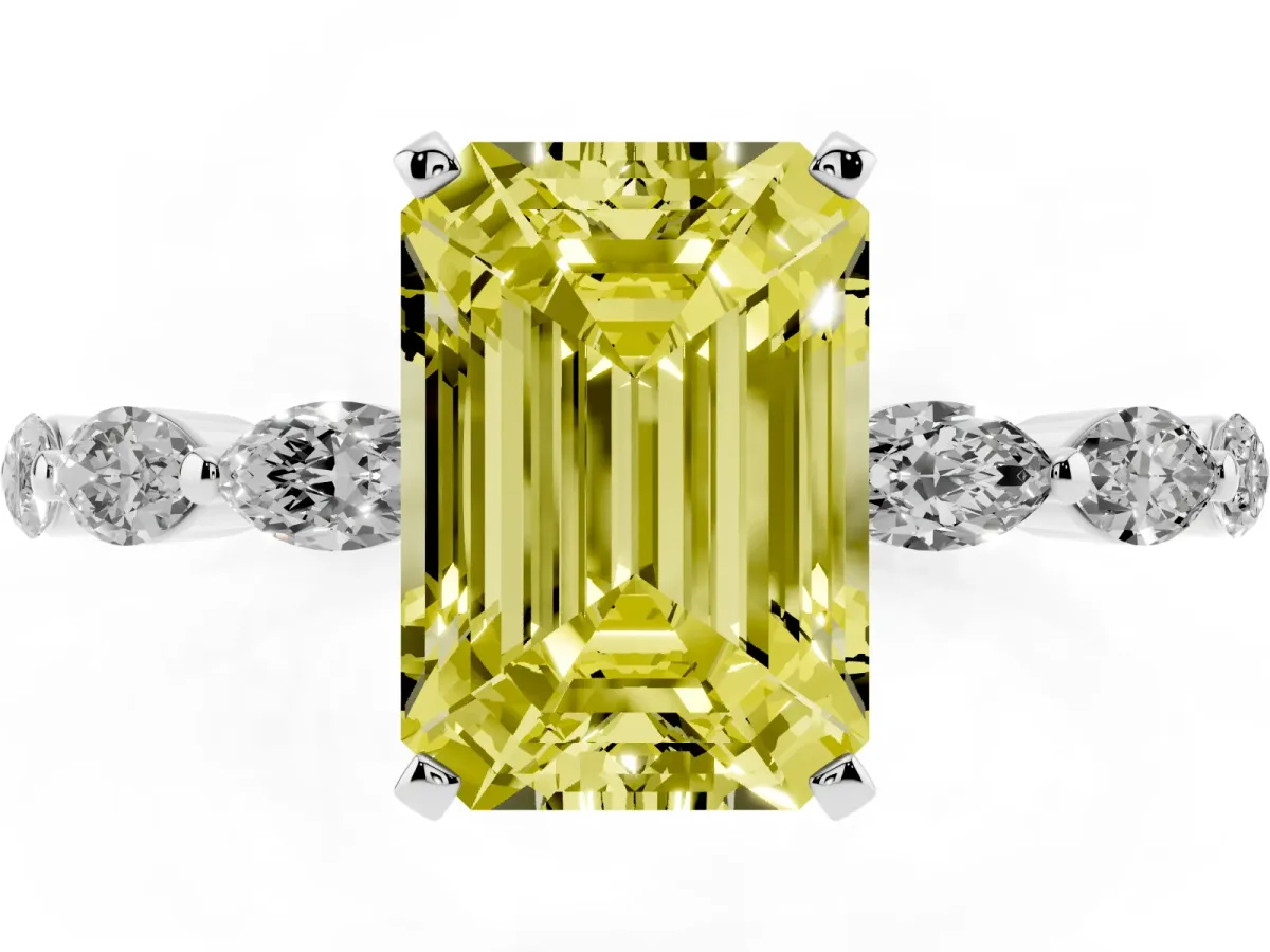 Fancy Yellow Emerald Cut Diamond Ring with Marquise Side Stones and Prong Setting Silver