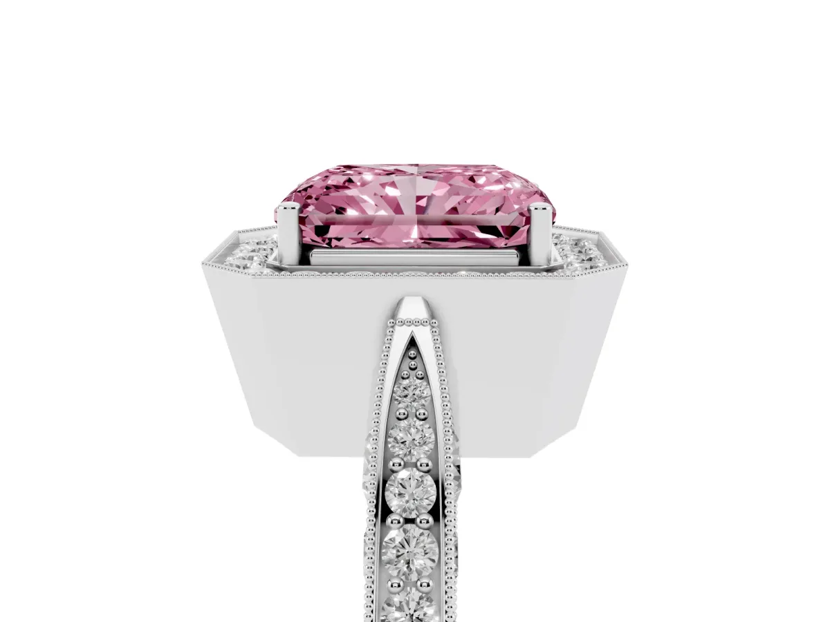 Fancy Pink Radiant Cut Halo Diamond Engagement Ring with Split Shank Band and Four-Prong Setting Silver
