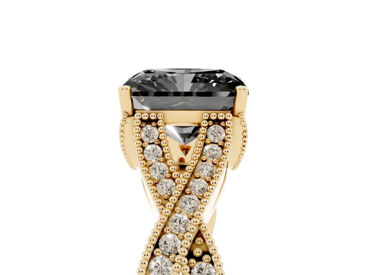 Fancy Black Radiant Cut Cut Diamond Twisted Band with Milgrain Pave Setting and Four-Prong Setting Yellow gold