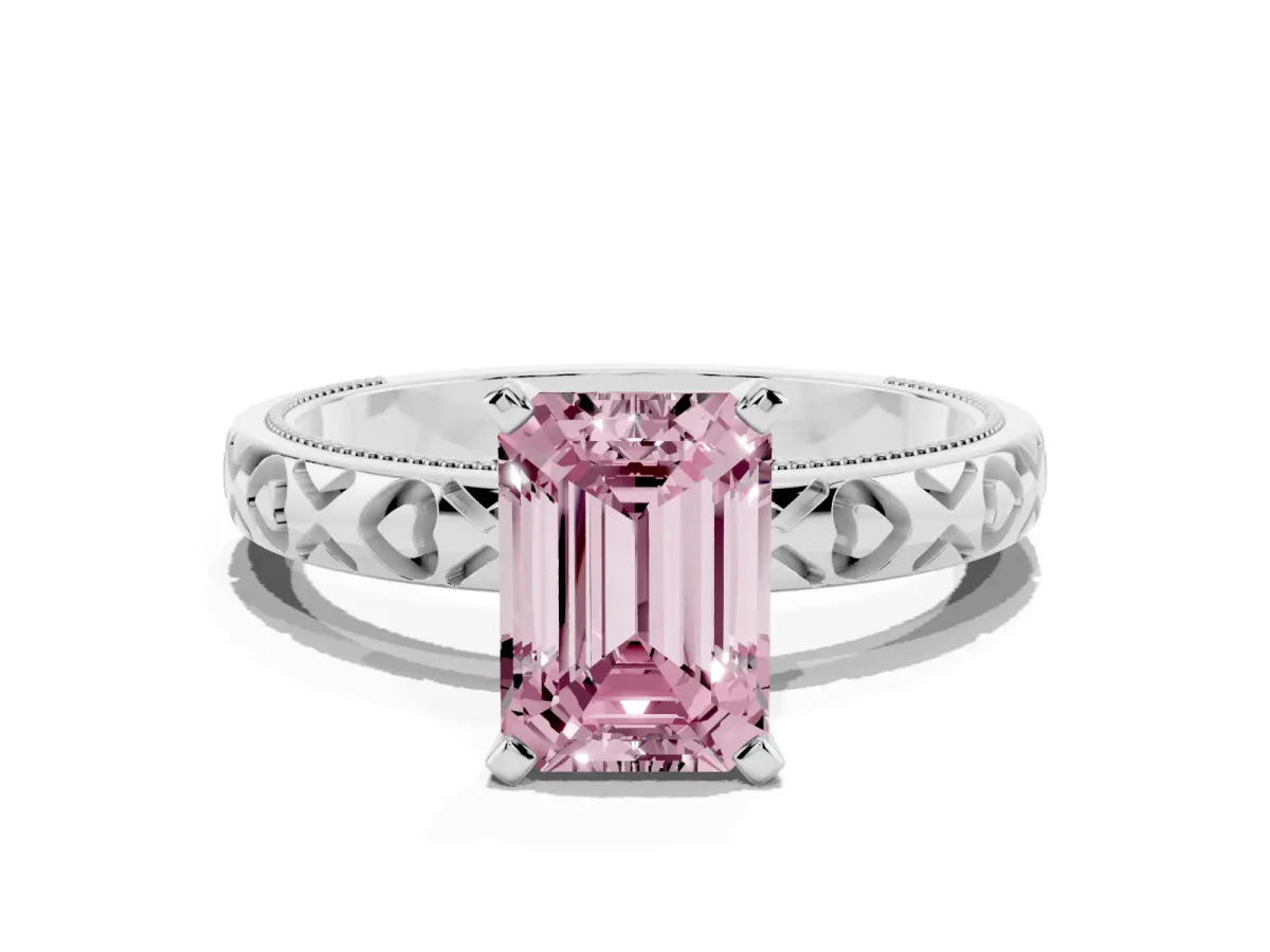 Fancy Pink Emerald Cut Solitaire Diamond Engagement Ring with XO Engraved Band and Four-Prong Setting Silver