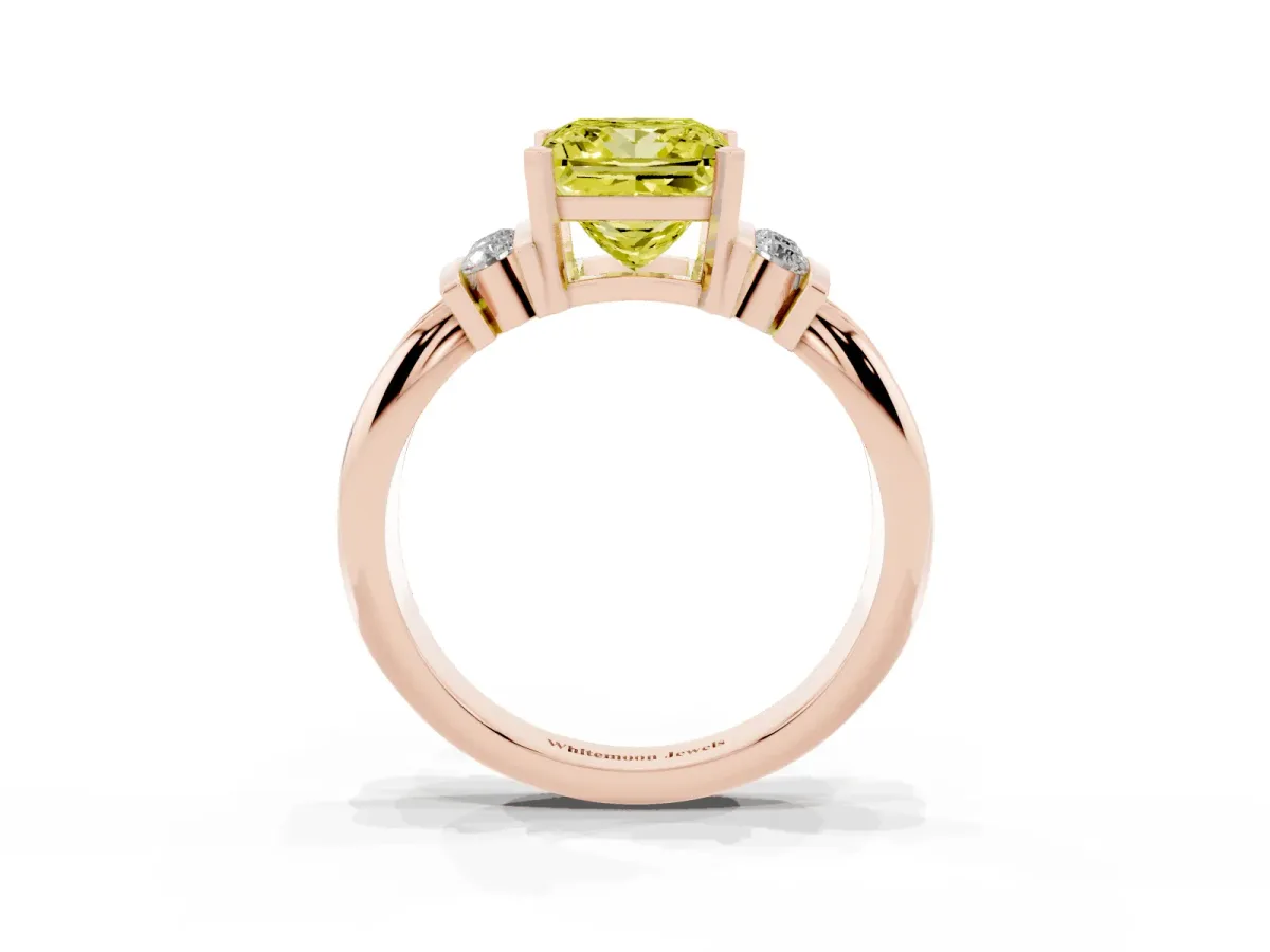 Fancy Yellow Princess Cut Cut Three-Stone Channel Set Ring with Bar Prongs Rose gold