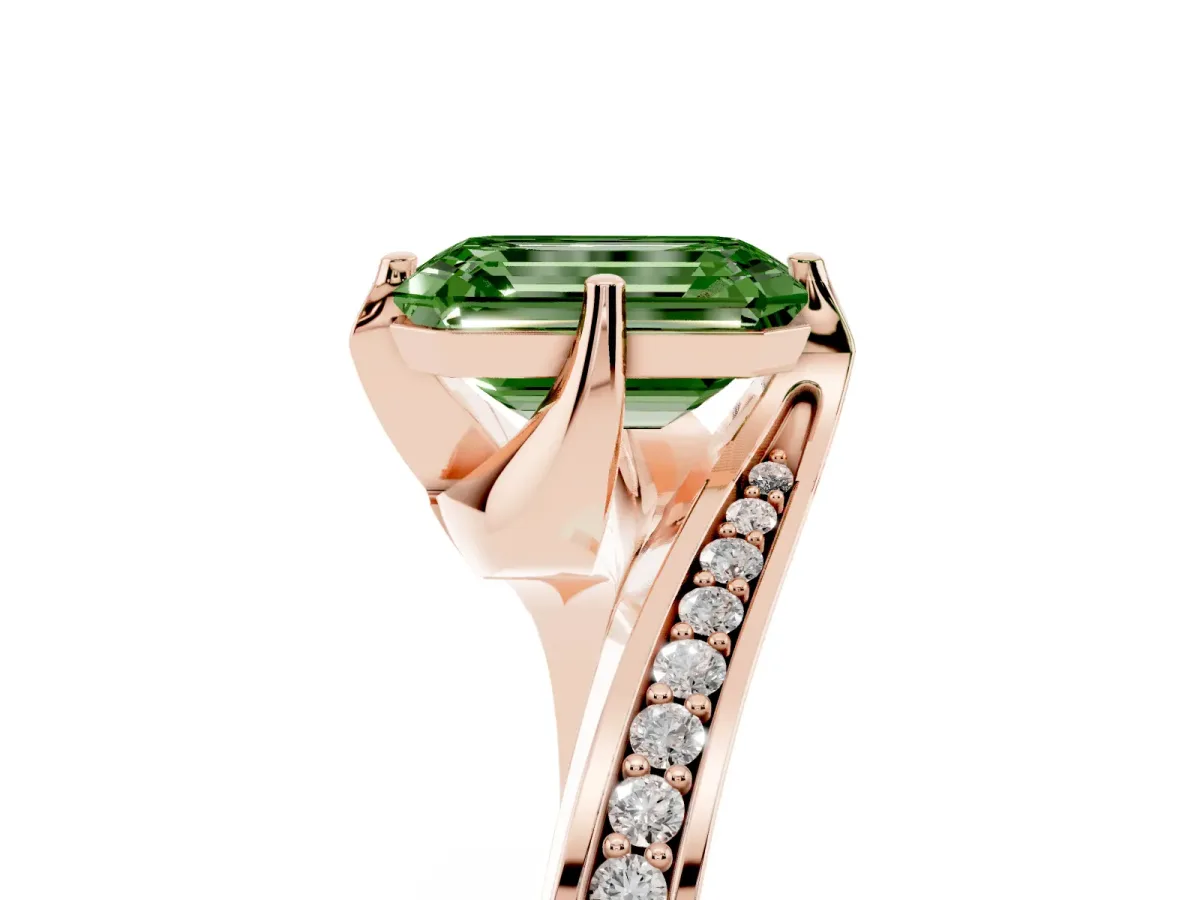 Fancy Green Emerald Cut Solitaire Diamond Twist Band with Pavé Setting and Four-Prong Setting Rose gold