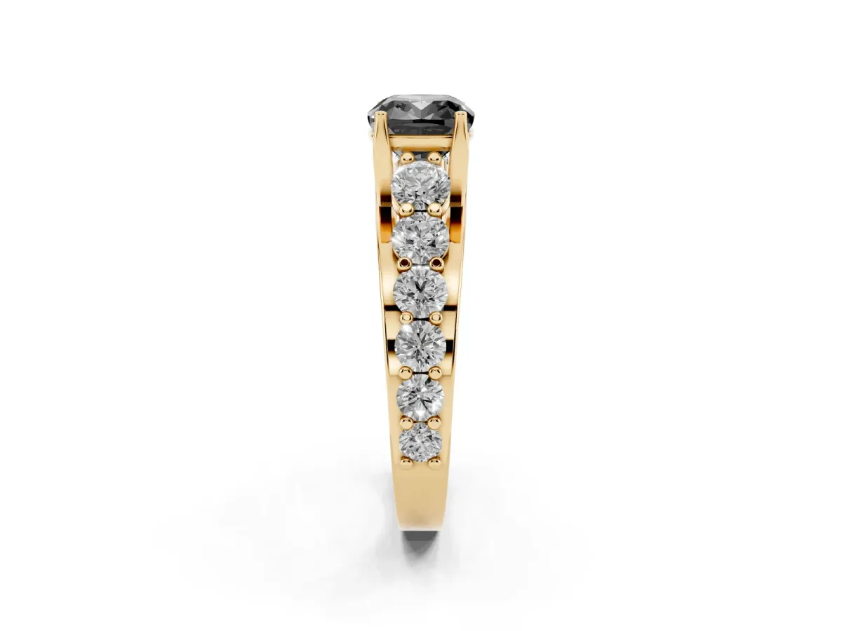 Fancy Black Cushion Cut Diamond Engagement Ring with Pavé Band and Four-Prong Setting Yellow gold