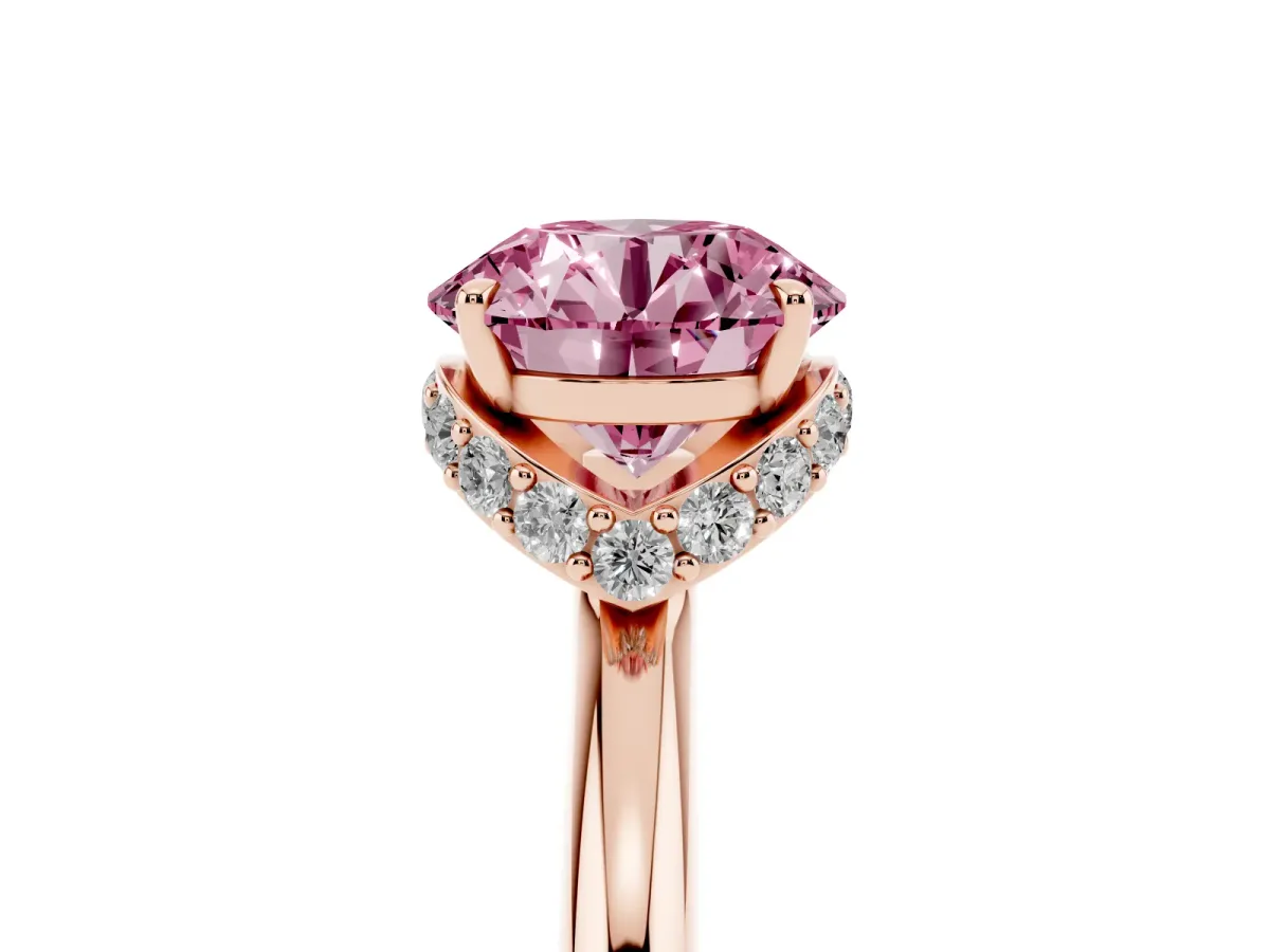 Fancy Pink Round Cut Brilliant Solitaire Engagement Ring with Six-Prong Setting and Classic Band Rose gold