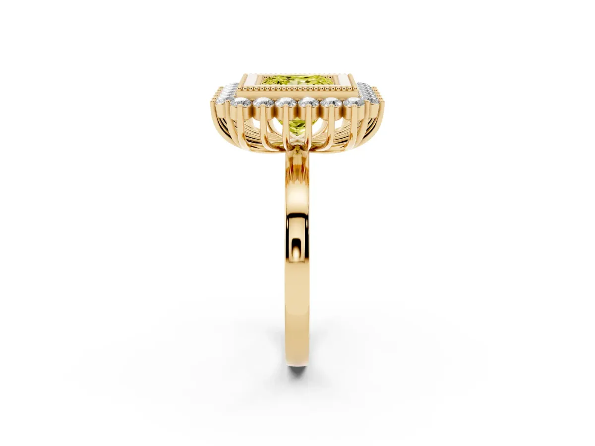 Fancy Yellow Princess Cut Halo Diamond Ring with Milgrain Edge and Round Prong Setting Yellow gold