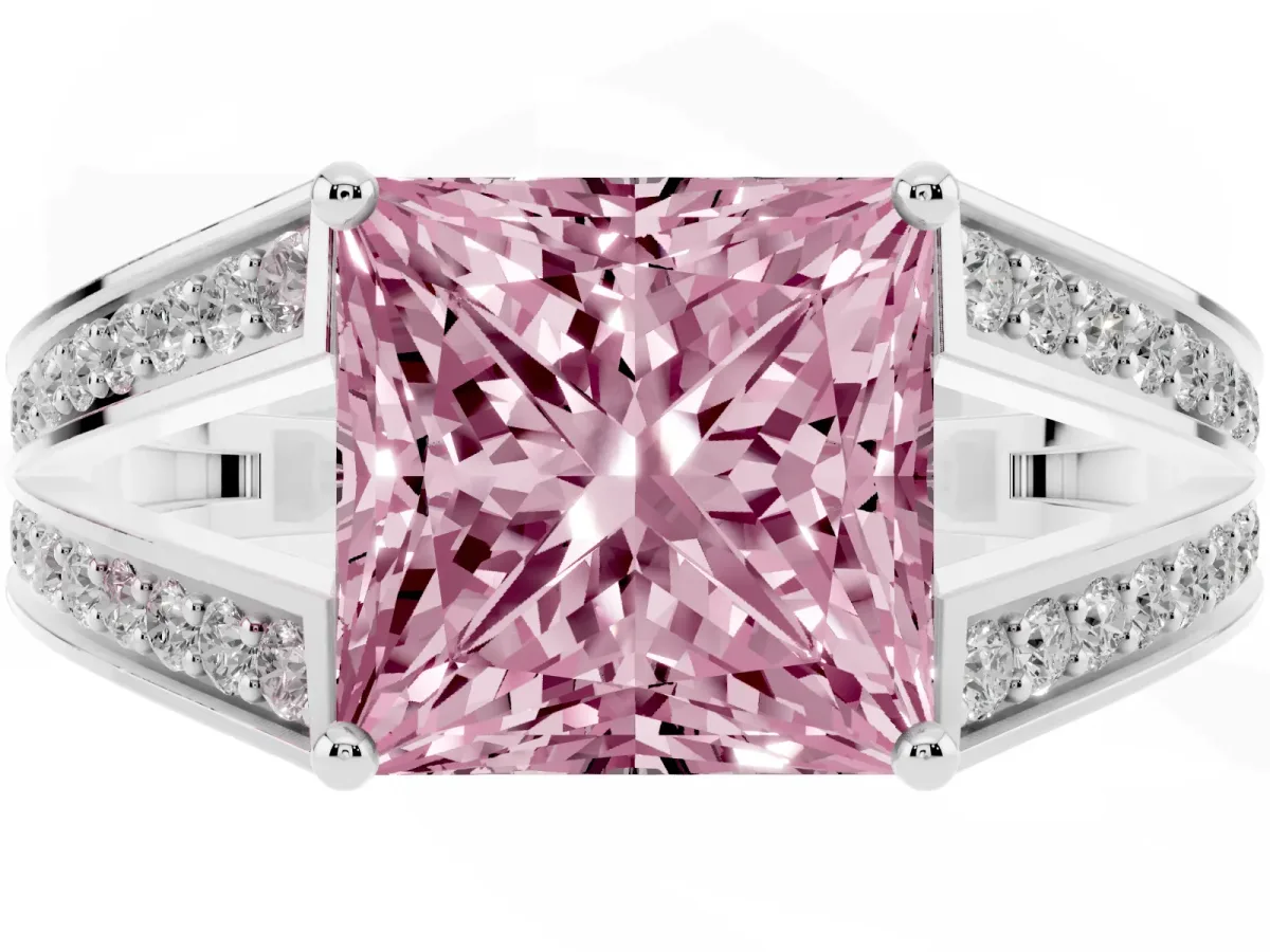 Fancy Pink Princess Cut Diamond Split Shank Ring with Pavé Band and Four-Prong Setting Platinum