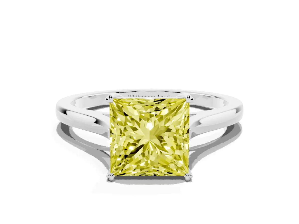 Fancy Yellow Princess Cut Solitaire Heart Prong Engagement Ring with Tapered Band Platinum