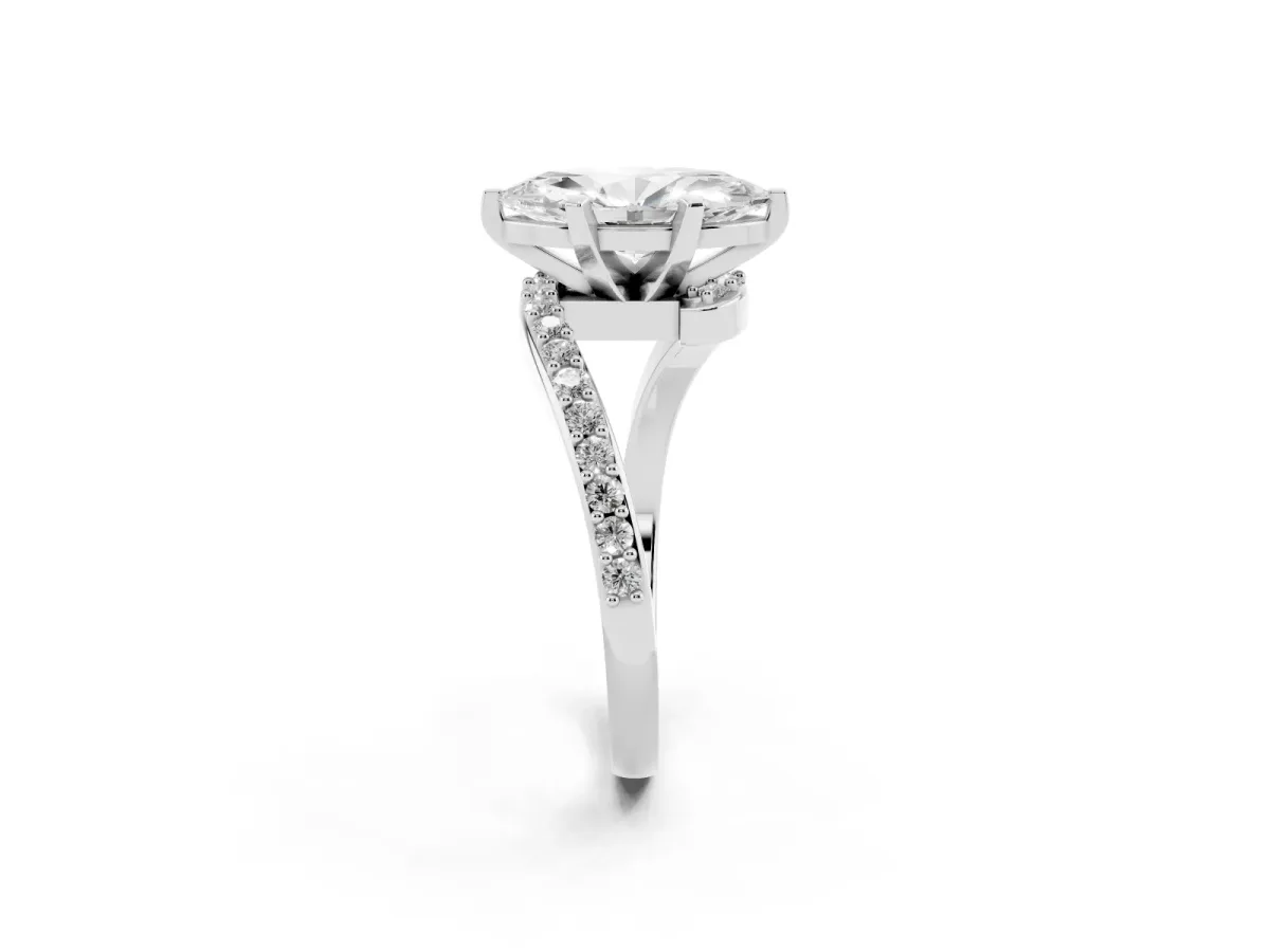 Marquise Cut Solitaire Twist Band with Pave Set Diamonds and Four-Prong Setting Platinum