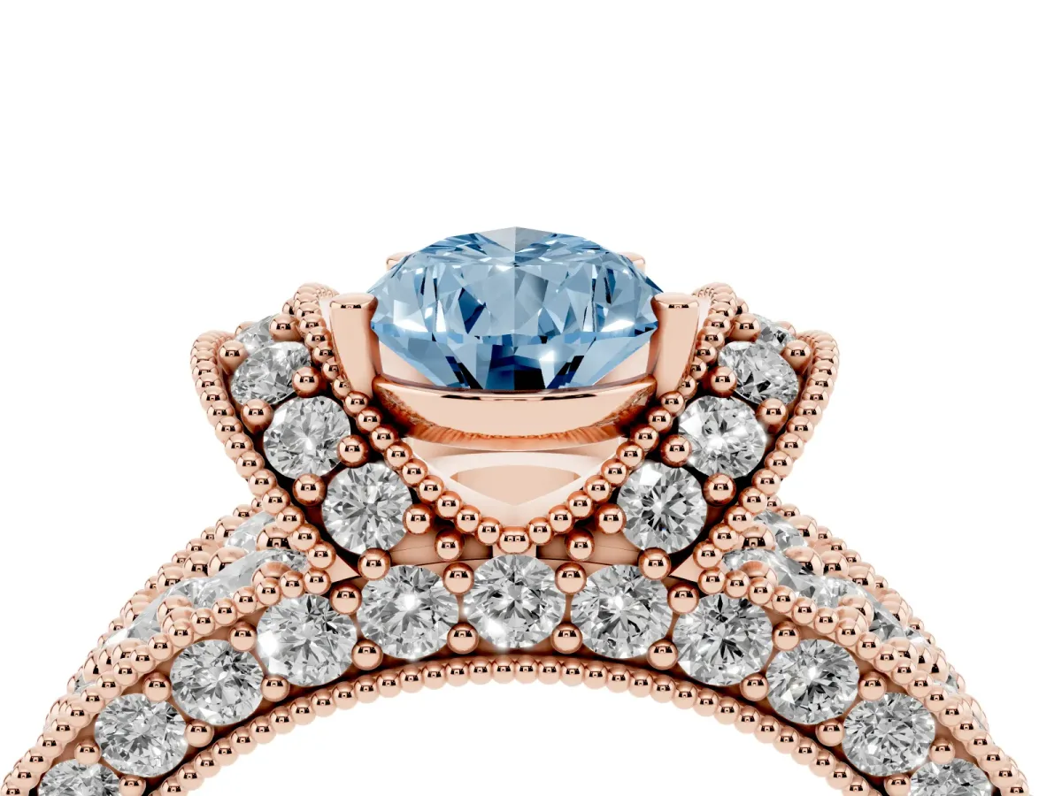 Fancy Blue Pear Cut Halo Pave Diamond Engagement Ring with Milgrain Detailing Rose gold