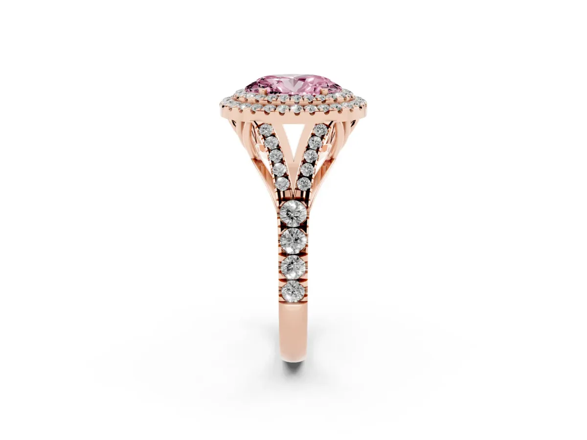 Fancy Pink Double Halo Oval Cut Diamond Split Shank Engagement Ring with Four-Prong Setting Rose gold
