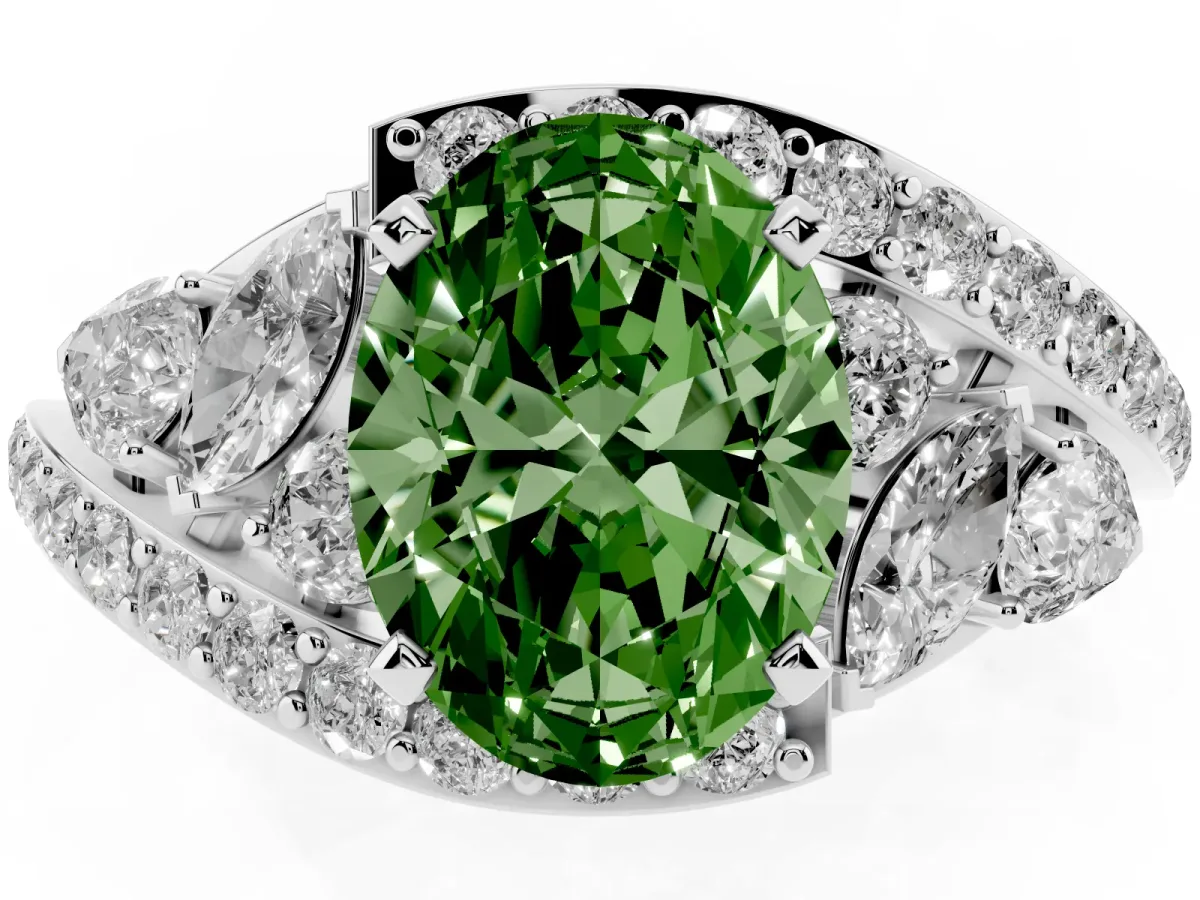 Fancy Green Oval Cut Diamond Halo Ring with Marquise and Pavé Band in Prong Setting Silver