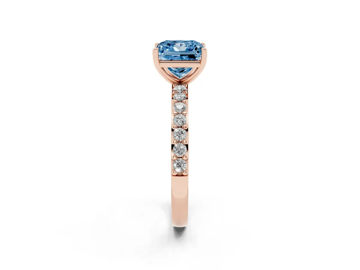 Fancy Blue Princess Cut Cut Diamond Solitaire with Pave Band and Four-Prong Setting Rose gold