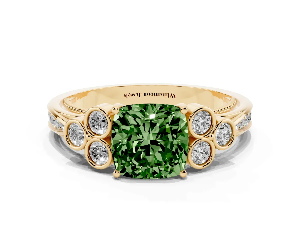 Fancy Green Cushion Cut Cut Diamond Engagement Ring with Bezel Set Round Side Stones and Prong Setting Yellow gold