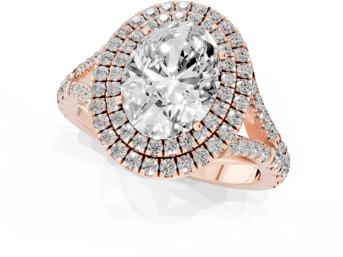 Oval Cut Diamond Pavé Split Shank Double Halo Engagement Ring Rose gold